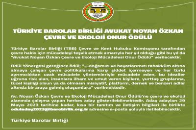 Türkiye Barolar Birliği Avukat Noyan Özkan Çevre ve Ekoloji Onur Ödülü